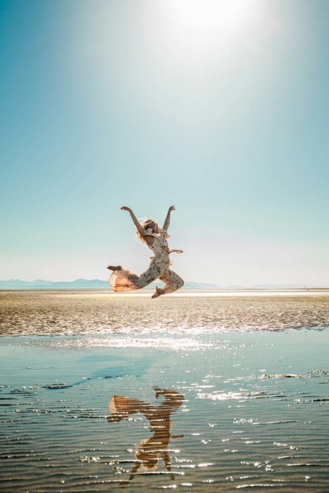 Vancouver Editorial Photographer, beautiful editorial photography, iona beach low tide woman leaps